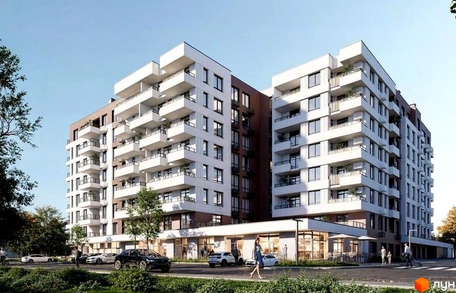Житловий комплекс Джем 3.0 з білими фасадами, балконами та комерційними приміщеннями на першому поверсі, поруч дорога та зелені насадження.