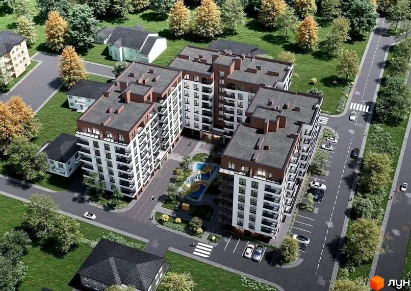 Зовнішній вигляд житлового комплексу Джем 3.0 з багатьма поверхами та балконами, прибудинкова територія з деревами та дитячим майданчиком.