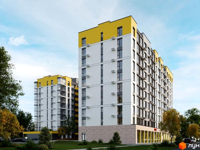Житловий комплекс Парк Простір: два будинки з біло-сірими фасадами, жовтими верхами та комерційними зонами. Газон і дерева навколо.