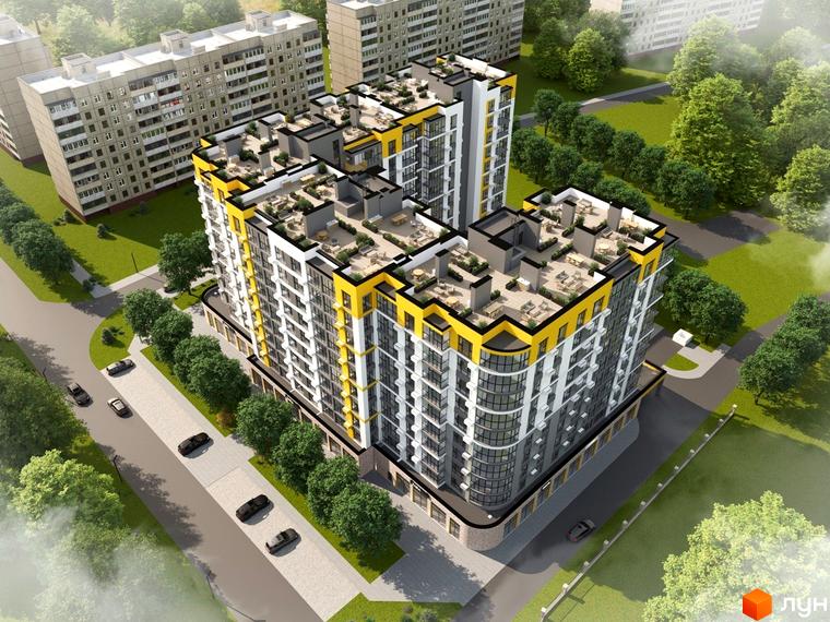 Житловий комплекс Парк Простір: багатоповерхові будинки з жовто-сірими фасадами, озелененими дахами та прибудинковою територією з деревами й дорогою.