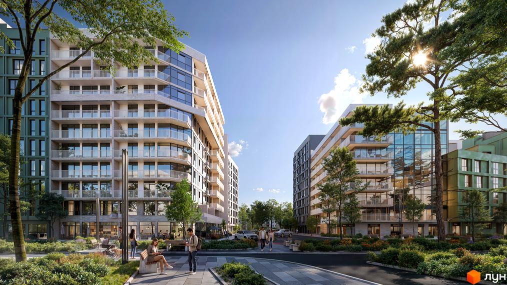 Житловий комплекс ORLAN RESIDENTS з багатоповерховими будинками світлого та темно-зеленого кольорів, великими вікнами та балконами. На території багато зелені, доріжки та люди.