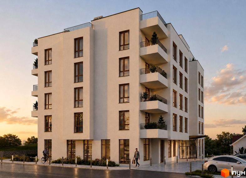 Житловий комплекс на вул. Геологів, 15 з фасадом світлого кольору, балконами та великими вікнами. Облаштована прибудинкова територія з озелененням.