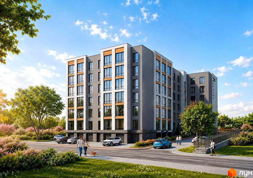Житловий комплекс PANORAMA DE LUXE: багатоповерховий будинок з сірим фасадом, великими вікнами. Прибудинкова територія з озелененням та доріжками.