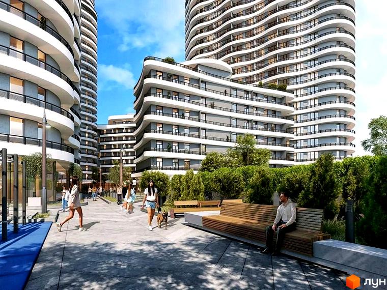 Unity Towers - житловий комплекс з хвилястими фасадами та просторою прибудинковою територією з лавками та зеленими насадженнями.