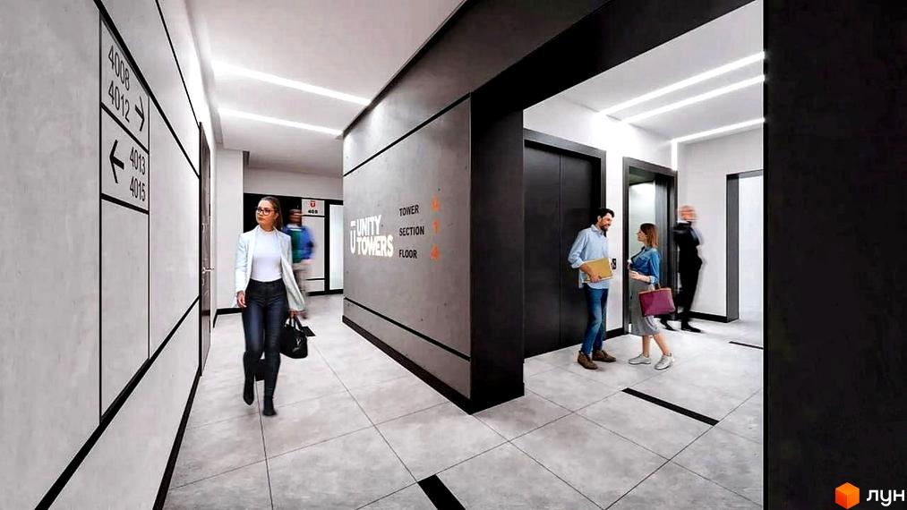 Сучасний коридор житлового комплексу Unity Towers з вказівниками поверхів та ліфтами. Люди очікують на ліфт біля входу до під'їздів.