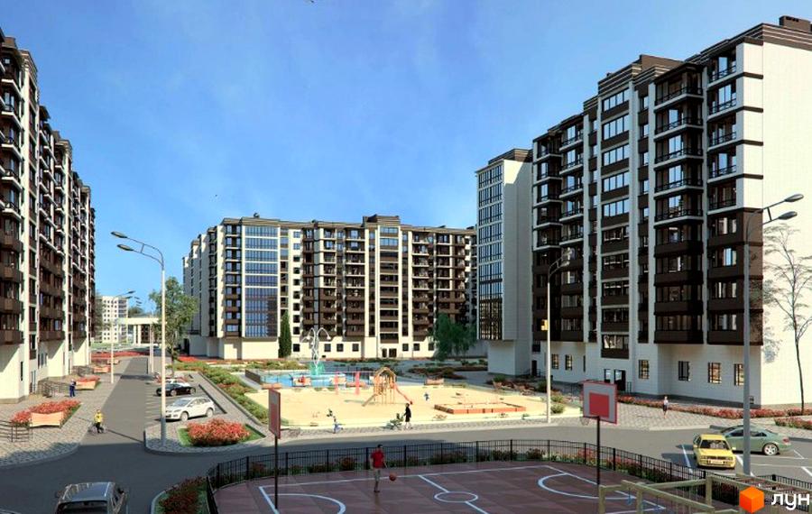 Житловий комплекс Парус: багатоповерхові будинки з темними фасадами та світлими вставками. На території є дитячий майданчик, фонтан, спортивна зона.