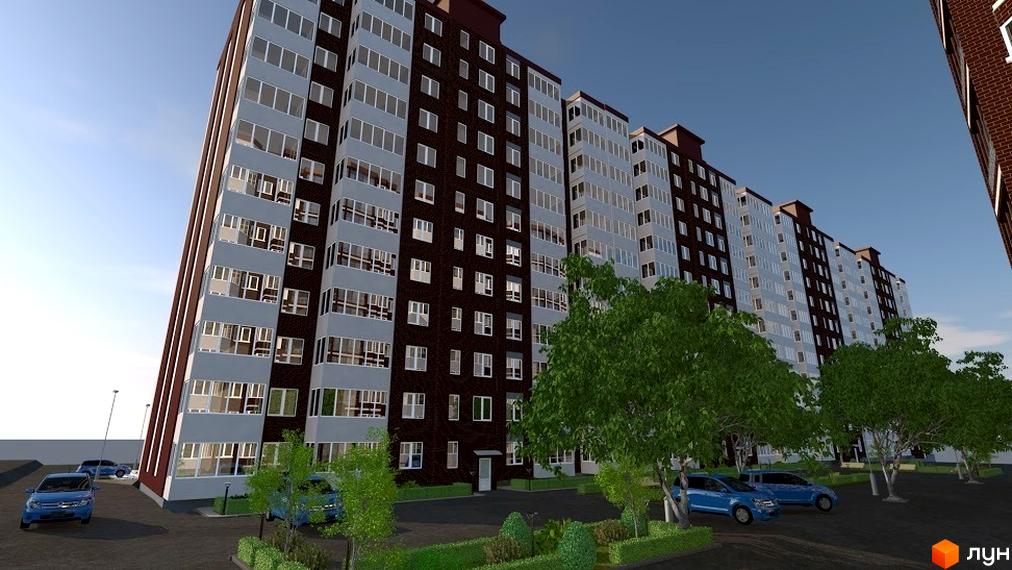 Багатоповерхові будинки ЖК ForRest з темно-коричневими фасадами та світлими балконами. Прибудинкова територія з парковками та зеленими деревами.