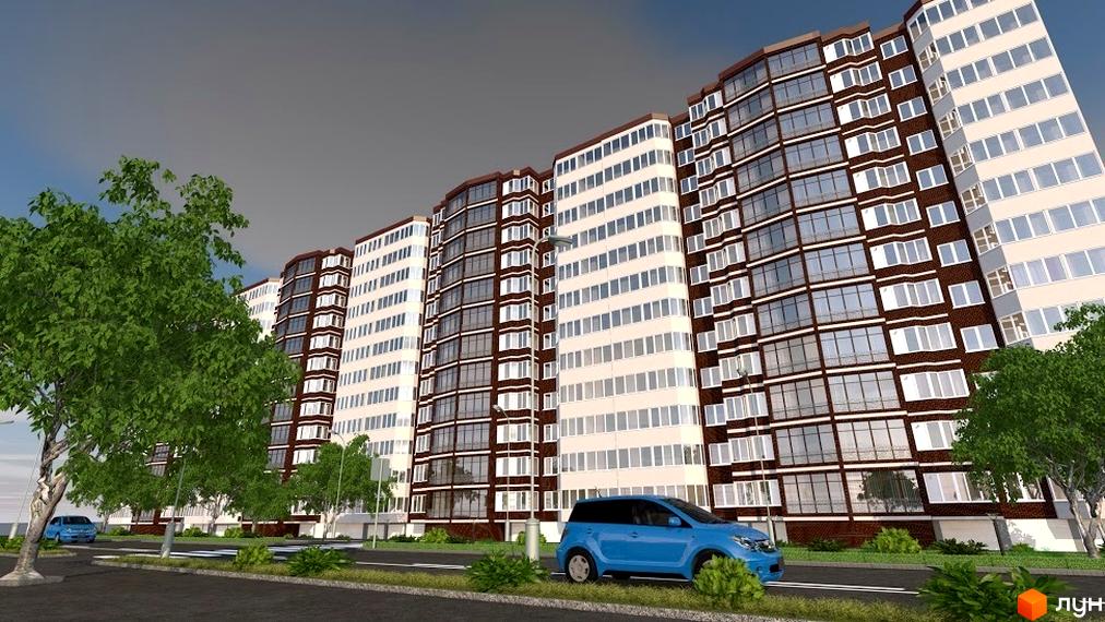 Багатоповерховий житловий комплекс ForRest з світлими та коричневими фасадами, великими вікнами. Перед будинком дорога, зелені дерева та кущі, припаркований синій автомобіль.