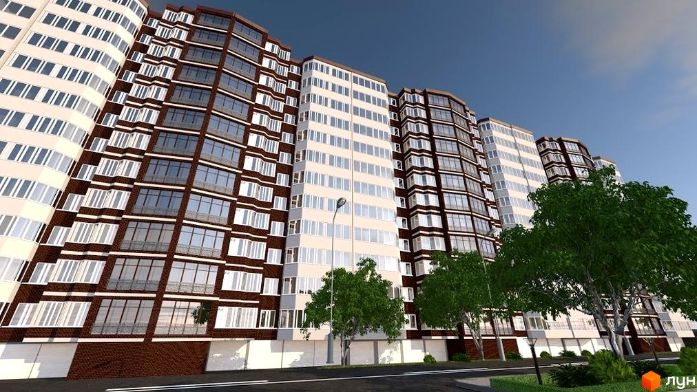 Зображення житлового комплексу ForRest: багатоповерховий будинок з світлими та темно-коричневими фасадами, оточений зеленими деревами та дорогою.