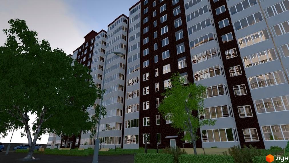 Зображення фасаду та прибудинкової території Житлового комплексу ForRest. Багатоповерховий будинок з великими вікнами та озелененням.