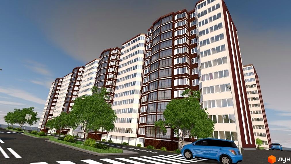 Житловий комплекс ForRest з багатоповерховими будинками світлого та темно-коричневого кольорів, з великими вікнами. Перед будинками дорога, пішохідний перехід, зелені насадження та дерева.