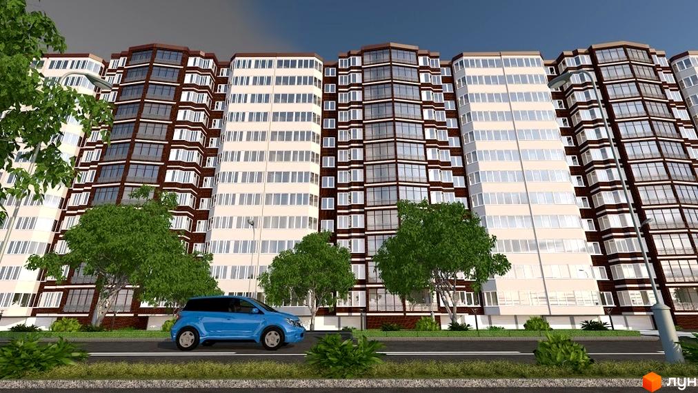 Зображення фасаду Житлового комплексу ForRest з великими вікнами та коричневими вставками. На передньому плані зелені дерева та проїжджа частина з синім автомобілем.