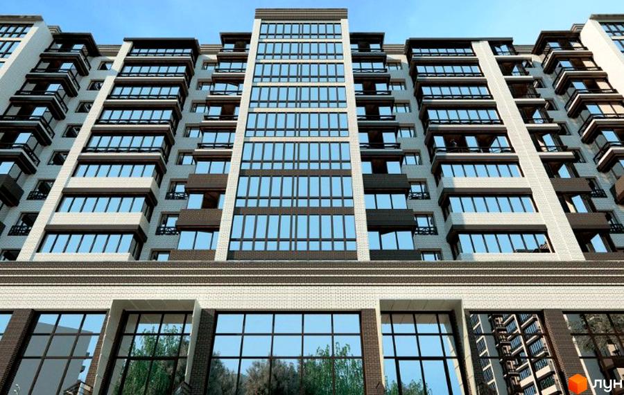 Новобудова Парус: багатоповерховий будинок зі світлими фасадами та великими скляними вікнами. На першому поверсі видно відображення дерев.