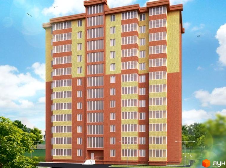 Багатоповерховий будинок Житлового комплексу Естетика з червоної цегли та світло-жовтими фасадами, скляними балконами. Навколо зелені дерева та блакитне небо.