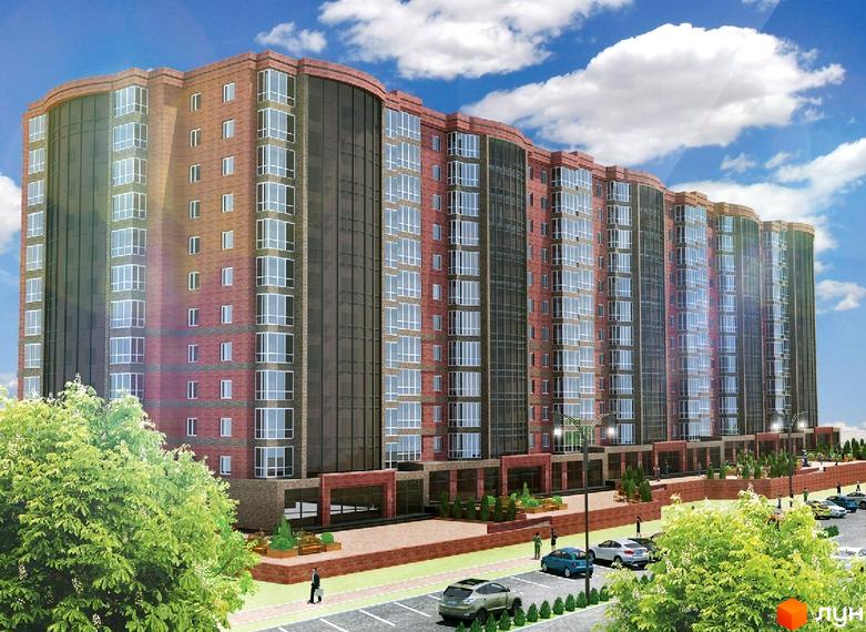 Зображення фасаду Житлового комплексу Новий квартал. Багатоповерховий будинок з великими вікнами та прибудинковою територією з парковкою.