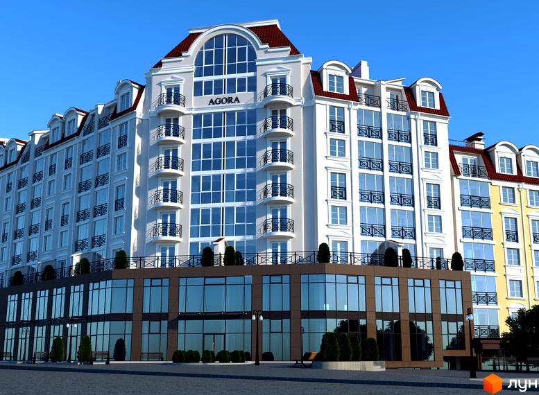 Зображення фасаду житлового комплексу Agora з великими вікнами та балконами. На передньому плані видно озеленену прибудинкову територію.