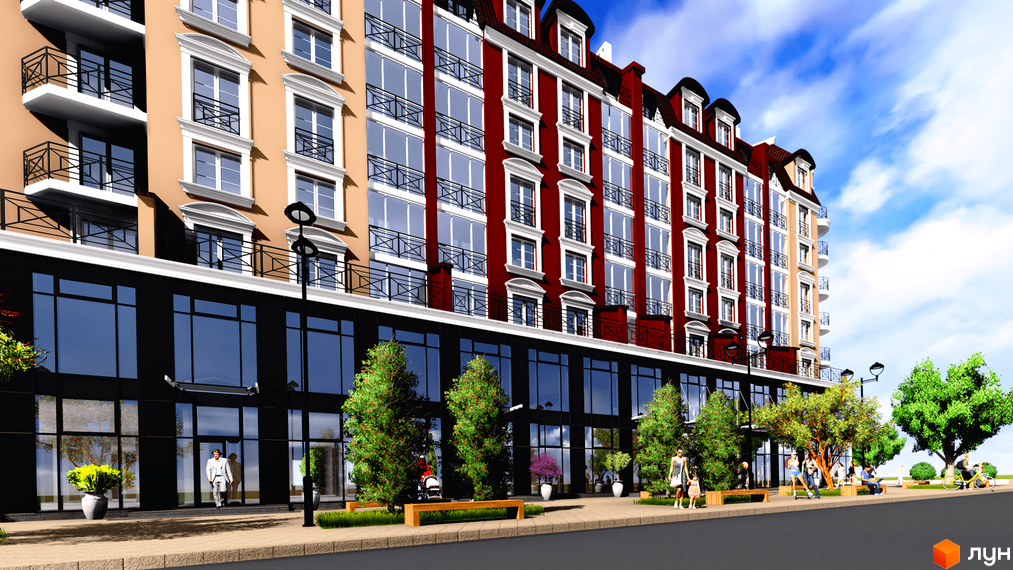 Зображення фасаду багатоповерхового будинку в Житловому комплексі Agora. На передньому плані пішохідна зона з деревами та лавками.