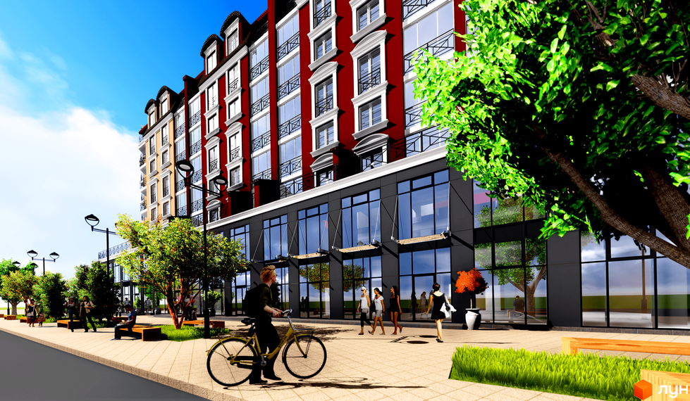 Зображення фасаду та прибудинкової території Житлового комплексу Agora. Вигляд багатоповерхового будинку з великими вікнами та пішохідною зоною.