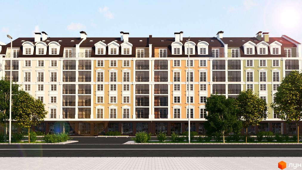 Житловий комплекс Агора: багатоповерховий будинок з різнокольоровим фасадом та класичними вікнами. Перед ним дорога, тротуар, зелені насадження.