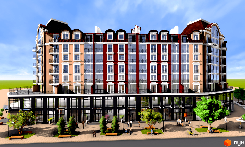 Житловий комплекс Агора: багатоповерховий будинок бежевого та червоного кольорів з чорним дахом. Прибудинкова територія має дерева, лавки та пішохідні зони.