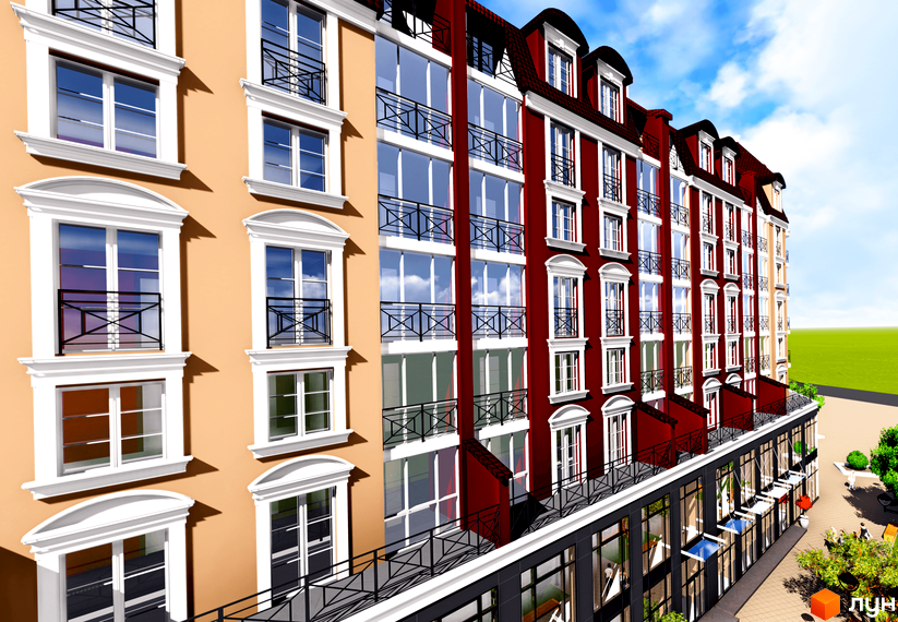 Зображення фасаду будинку Житлового комплексу Agora. Багатоповерхова будівля з балконами та великими вікнами.