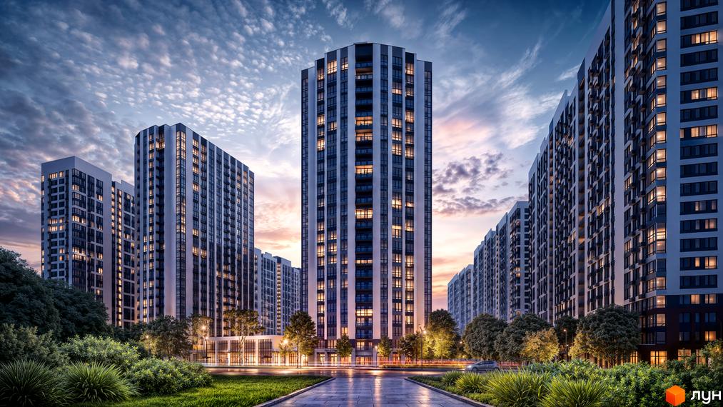 Багатоквартирні будинки ЖК Star City з підсвічуванням вікон біля доріжки та зелених насаджень.