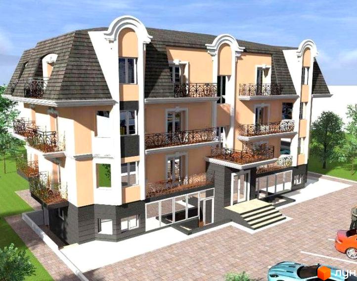 Житловий комплекс на вул. Вокзальна, 15/1а з мансардним дахом, балконами та світлим фасадом. Перед будинком облаштована парковка.