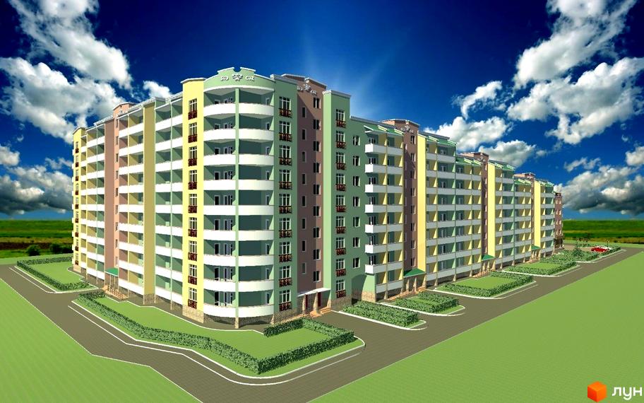 Зображення фасаду та прибудинкової території Житлового комплексу Зелений квартал. Багатоповерхова будівля з балконами та зеленими насадженнями.