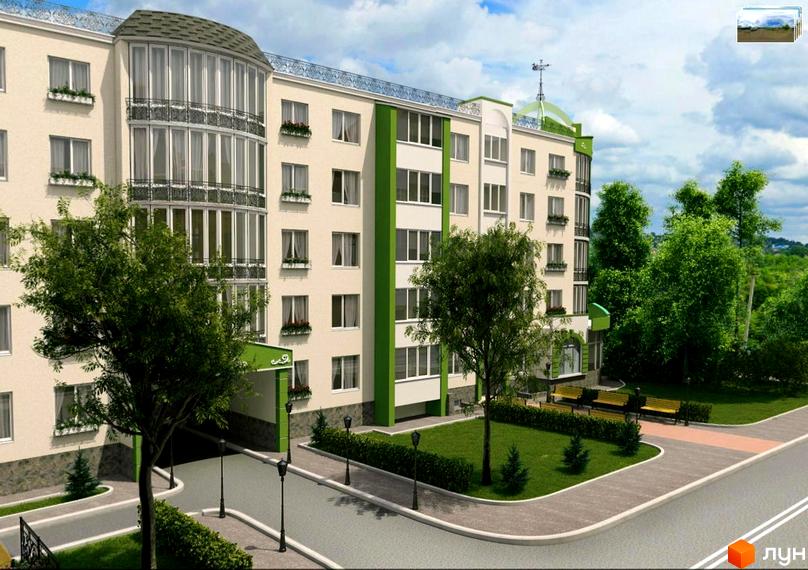 Зображення фасаду Житлового комплексу Зелений квартал. На фото видно будинок з великими вікнами та озеленену прибудинкову територію.