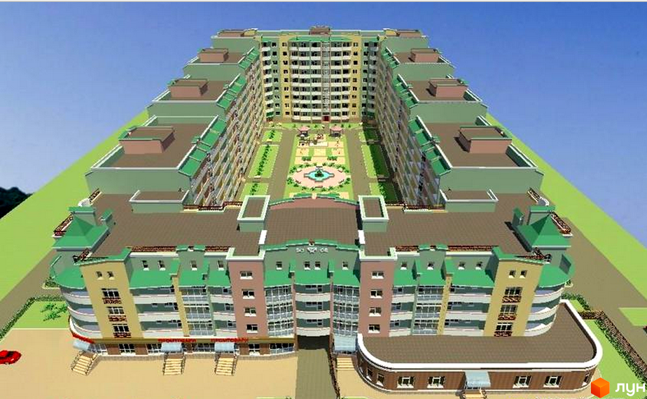 Житловий комплекс Зелений квартал: багатосекційна будівля з фасадами світло-зеленого та бежевого кольорів. Двір має фонтан та зелені насадження.