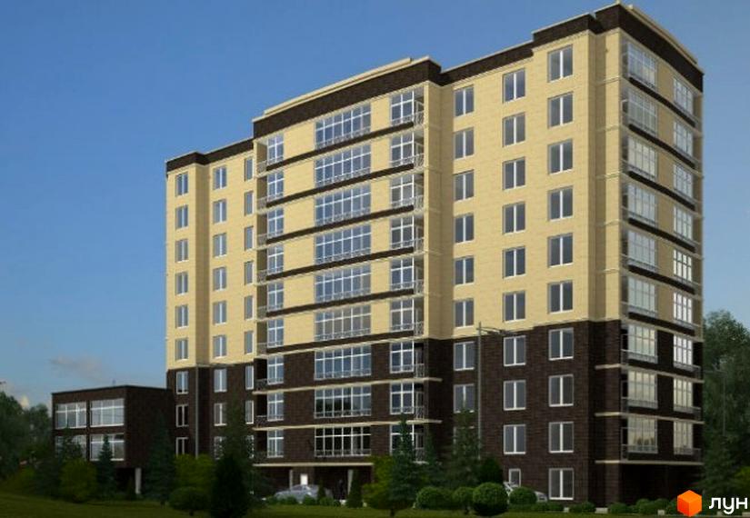 Зображення фасаду та прибудинкової території Житлового комплексу Статус Парк. Багатоповерховий будинок з великими вікнами та озелененням навколо.