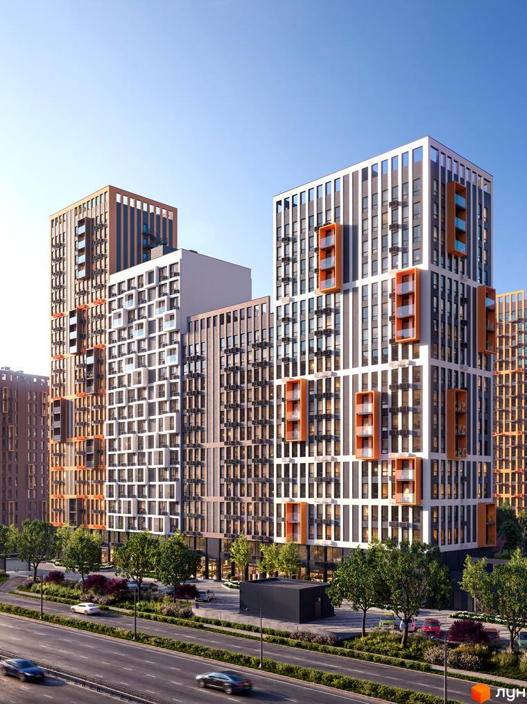 Багатоповерховий житловий комплекс Svitlo Park з біло-сірими фасадами та помаранчевими балконами. Поруч розташовані автодорога та зелені дерева.