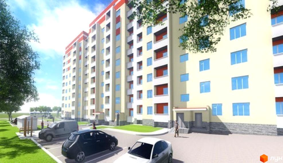 Новобудова на Вінницькій, 1/5, 1/7: світлий багатоповерховий будинок з червоними акцентами, прибудинкова територія з парковкою та зеленню.