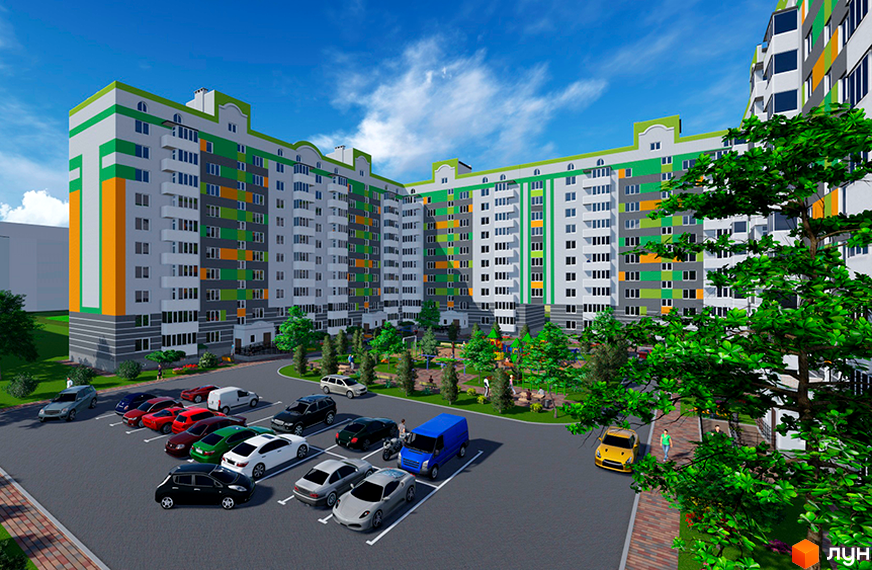 Багатоповерховий житловий комплекс на вул. Харківська, 8-10, з фасадами сірого, білого, зеленого та помаранчевого кольорів, паркінгом та озелененою територією.