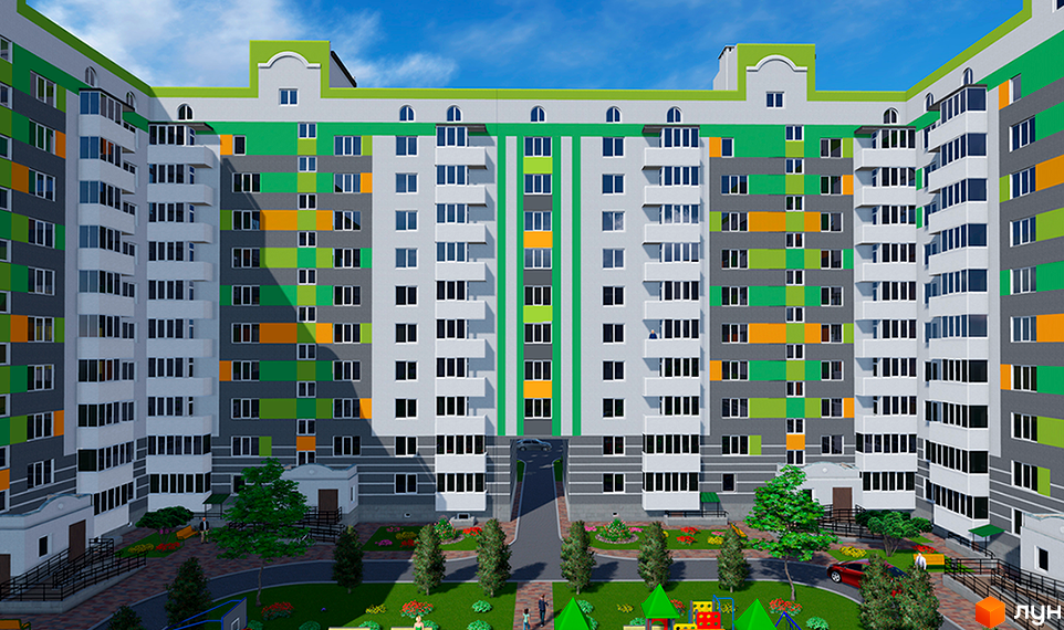 Багатоповерховий житловий комплекс на вул. Харківська, корп. 8-10 з кольоровим фасадом та внутрішнім двором з деревами й дитячим майданчиком.