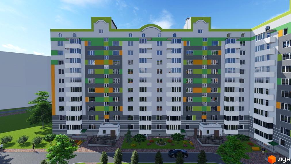 Житловий комплекс на вул. Харківська, корп. 8-10: багатоповерховий будинок з кольоровим фасадом та доглянутою прибудинковою територією.