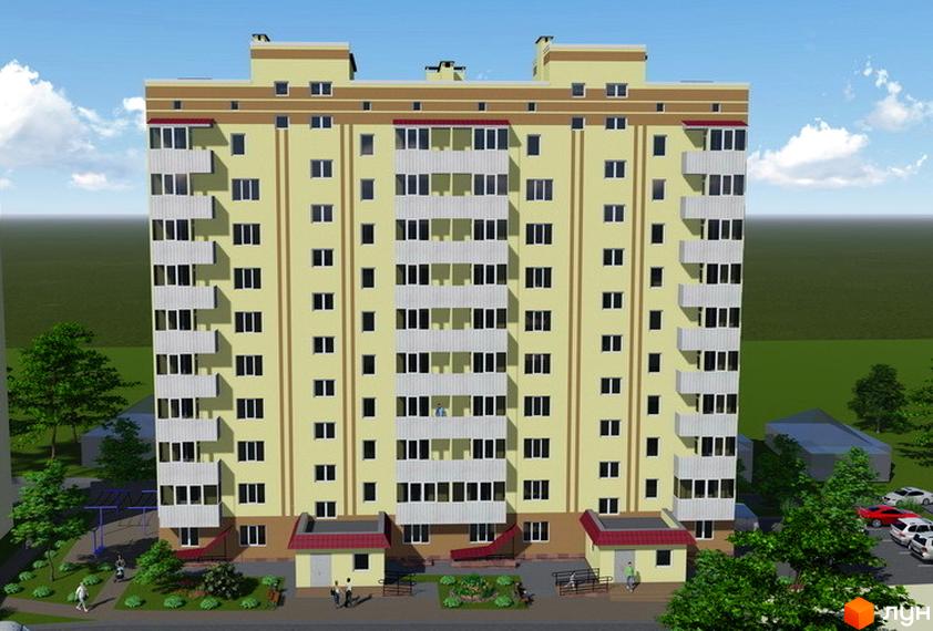 Новобудова на вул. Чорновола, 51/1: багатоповерховий будинок світло-жовтого кольору з балконами, зеленою зоною та парковкою.