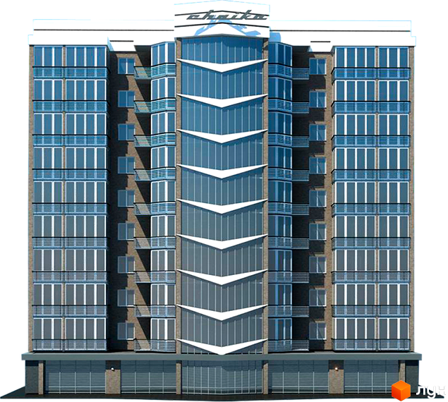 Житловий комплекс Чайка: багатоповерховий будинок з блакитними скляними фасадами та центральною V-подібною секцією. На першому поверсі розташовані комерційні приміщення.