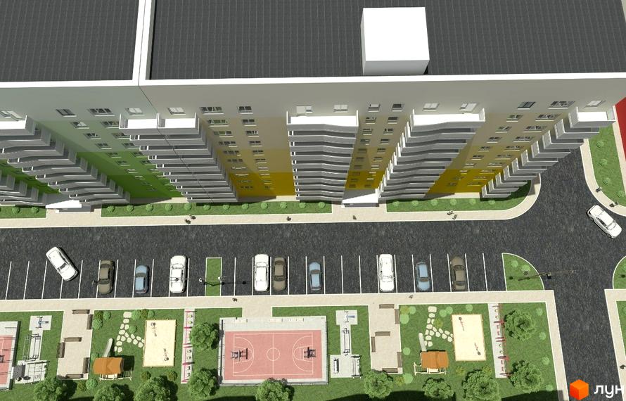 Багатоповерховий будинок Житлового комплексу Барви з білим, зеленим та жовтим фасадом. Поруч паркінг, дитячі майданчики та зелені зони.