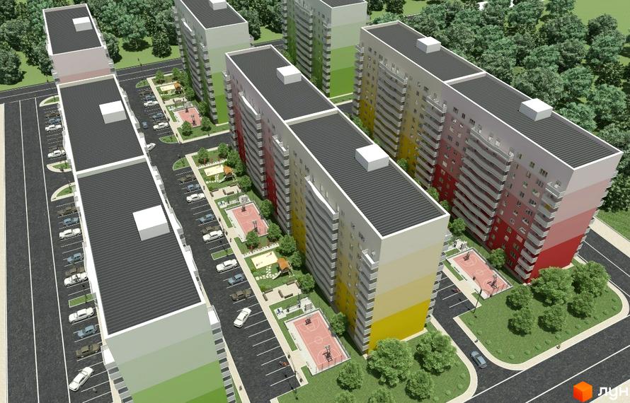 Зображення комплексу Барви з висоти пташиного польоту. Багатоповерхівки з паркінгом, дитячими та спортивними майданчиками.