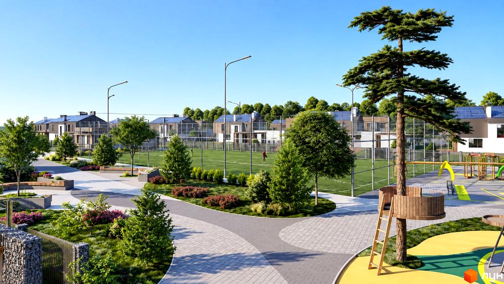 Котеджне містечко КМ OZON Village: двоповерхові будинки з панорамними вікнами та облаштований спортивний майданчик.