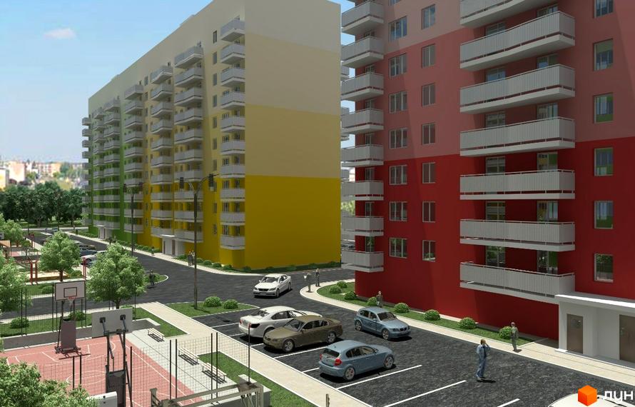 Зображення житлового комплексу Барви з багатоповерховими будинками та парковкою. На території є баскетбольний майданчик та зелені насадження.
