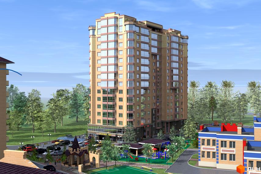 Зображення Житлового комплексу Панорамний. Висока будівля з великою кількістю вікон, поруч розташовані дитячий майданчик, парковка та зелені насадження.