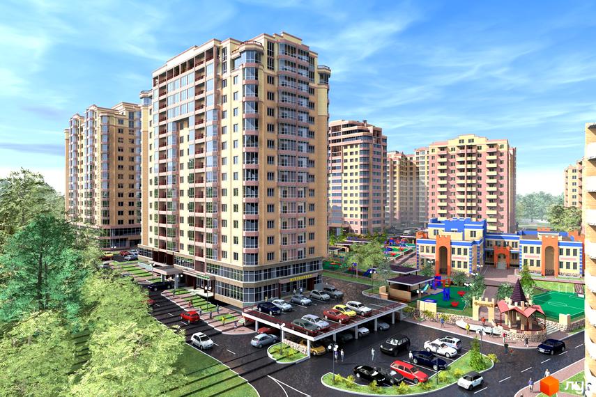 Зображення житлового району Панорамний з багатоповерховими будинками. На території є парковка, дитячий майданчик та зелені насадження.