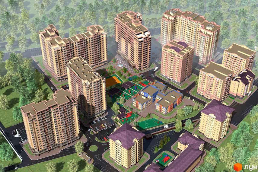 Зображення Житлового комплексу Панорамний. Вид зверху на багатоповерхові будинки з прибудинковою територією, дитячим майданчиком та паркінгом.