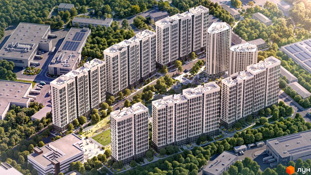 Житловий комплекс Star City складається з біло-темних висоток з двома внутрішніми дворами, дитячим майданчиком та міні-футбольним полем.