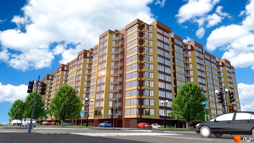 Зображення фасаду багатоповерхового будинку Житловий комплекс Корона Дубово. На передньому плані вулиця з автомобілями та пішохідним переходом.