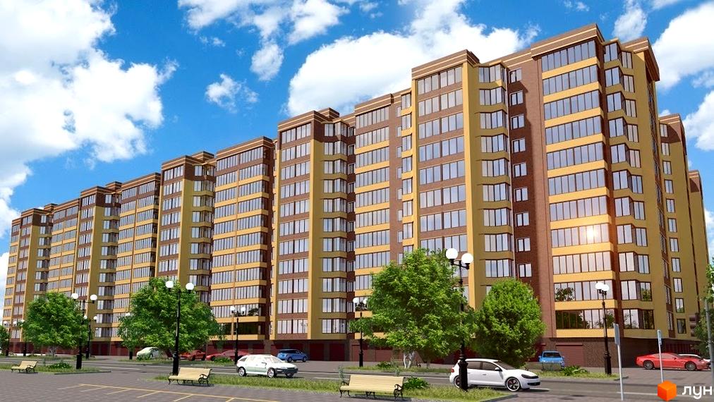 Житловий комплекс Корона Дубово: багатоповерховий будинок коричнево-жовтих відтінків з великими вікнами. Прибудинкова територія з деревами, лавками та автомобілями.