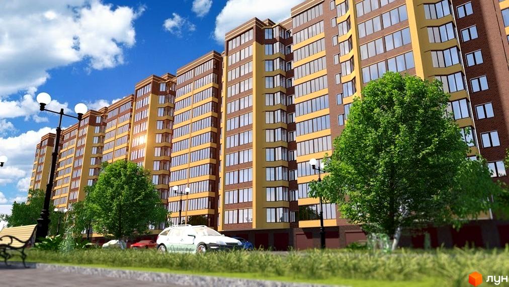 Зображення фасаду та прибудинкової території Житлового комплексу Корона Дубово. Багатоповерховий будинок з великою кількістю вікон, зелені дерева та доглянутий газон.