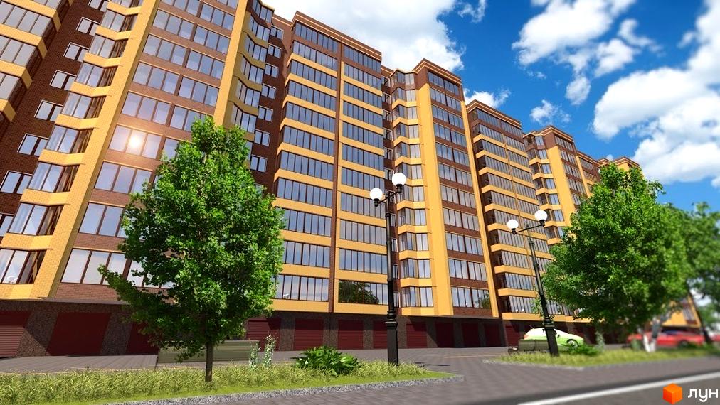 Зображення фасаду Житлового комплексу Корона Дубово. Багатоповерховий будинок з великою кількістю вікон та зеленою прибудинковою територією.